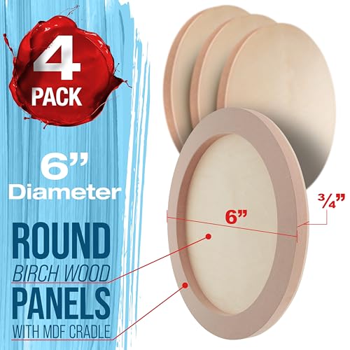 U.S. Art Supply 6" Round Unfinished Cradled Wood Panels for Painting | Studio 3/4" Deep (4 Pack) - Artist Depth Wooden Wall Canvases - Mixed-Media Craft, Acrylic, Oil, Encaustic, Paint Pouring - size: 6", style: Round Studio Depth