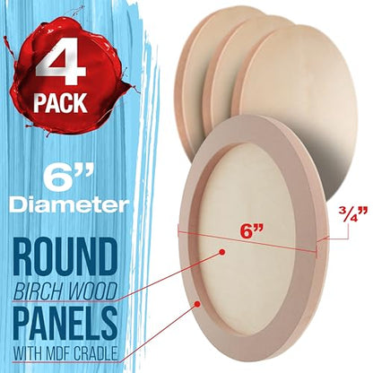 U.S. Art Supply 6" Round Unfinished Cradled Wood Panels for Painting | Studio 3/4" Deep (4 Pack) - Artist Depth Wooden Wall Canvases - Mixed-Media Craft, Acrylic, Oil, Encaustic, Paint Pouring - size: 6", style: Round Studio Depth
