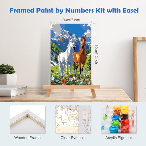 MOGTAA Paint by Numbers Kit for Adults with Frame, Horse Paint by Number Canvas, Mountains Paint by Numbers with Easel, DIY Flowers Scenery Oil Painting Kit for Home Wall Decor 8 x 12 Inch - color: Horse