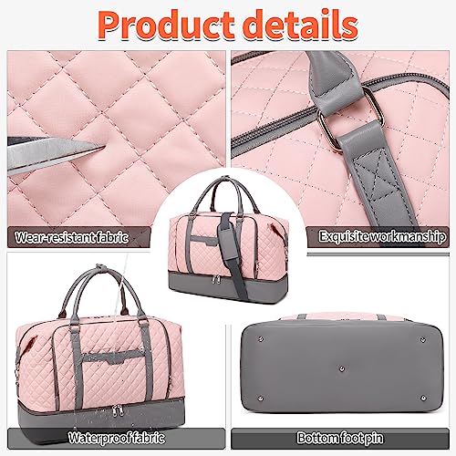 Weekender Bag, Large Travel Duffel Bag for Women, Carry on Overnight Bag with Shoe Compartment and Toiletry Bags - color: Pink-Grey