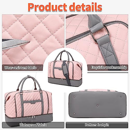 Weekender Bag, Large Travel Duffel Bag for Women, Carry on Overnight Bag with Shoe Compartment and Toiletry Bags - color: Pink-Grey