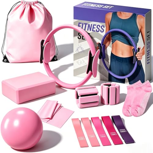 Pilates Kit, Home Workout Equipment for Women | Pilates Ring and Ball, Resistance Bands, Yoga Block, Elastic Band, Fitness Bag for Home Workouts - color: All Pink