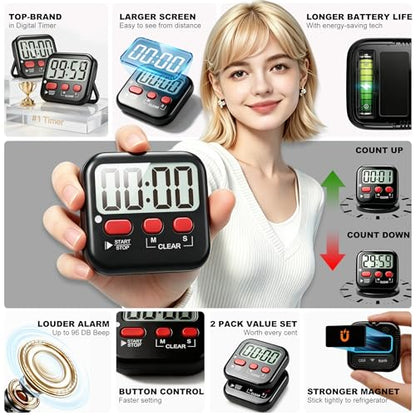 Antonki 2 Pack Digital Timer for Kids Classroom Kitchen Timers for Cooking | w/ Battery, Easy to View, Alarm, Mute Mode, Count Down/Up, Magnetic, Kickstand, Hanging, Classroom Timer for Teacher Supplies - color: New Black