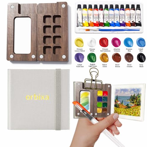 orbixa Mini Watercolor Travel Set, 12-Color Mini Paint Kit with Walnut Palette, 20-Page Sketchbook, Water Brush, Detail Brush & Clip, Portable Art Supplies for Beginners & Outdoor Painting, Gray