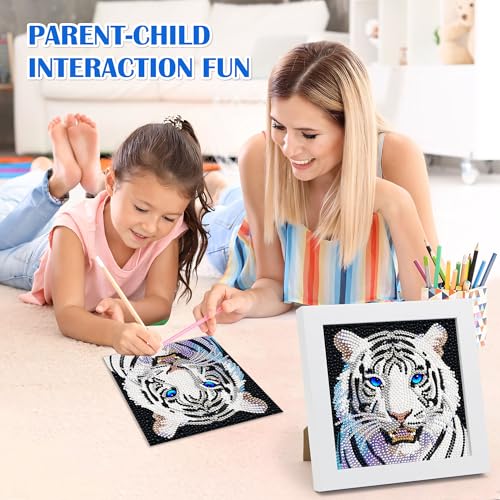 Leixonl Diamond Art Kits for Kids with Framed (7 in) Cartoon Animals DIY Gem Art Painting - Arts & Crafts Gifts for Beginners & Teens (1p-6in Tiger -W) - color: Tiger -W