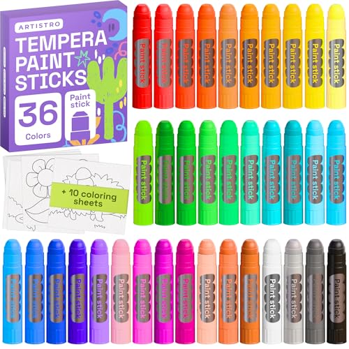 ARTISTRO 100% Washable Tempera Paint Sticks for Kids - 36 Non-toxic Paint Markers for Kids - Color Sticks with Twist Design, Coloring Pages Included - color: 36 Colors