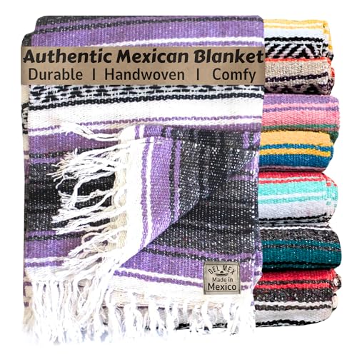 Del Mex Classic Mexican Blanket, Large Authentic Woven Falsa Throw (70"x50"), Artisan Southwest Décor for Beach, Yoga, Outdoors (Lavender) - color: Lavender