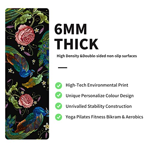 nuveti Yoga Mat Print Extra Thick TPE Non Slip Fitness Exercise Mat with Carrying Bag,72"x24" Extra Thick 6MM Exercise & Workout Mat for Yoga, Pilates Fitness and Floor Exercises - color: Peacock
