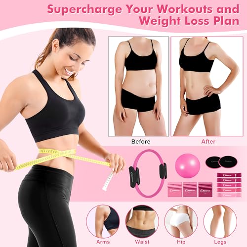 Goocrun Pilates Ring Set Exercise Equipment, with Exercise Resistance Bands Set, Pilates Ball, Sliding Disks. Portable Home Gym - with Fitness Guide Poster - color: Pink, size: Basic-level