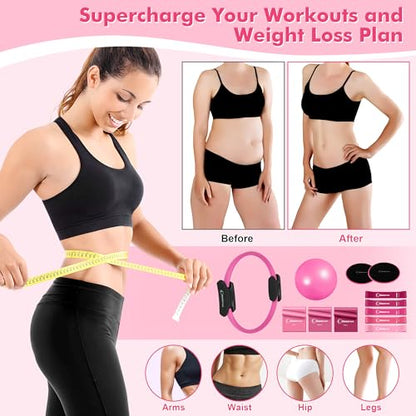 Goocrun Pilates Ring Set Exercise Equipment, with Exercise Resistance Bands Set, Pilates Ball, Sliding Disks. Portable Home Gym - with Fitness Guide Poster - color: Pink, size: Basic-level