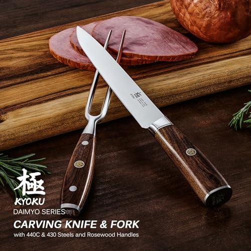 KYOKU Carving Knife Set, Daimyo Series 8" Carving Knife and Fork, Japanese Style 440C Stainless Steel Meat Cutting Knife for Winter Christmas Turkey - style: Carving Knife Set