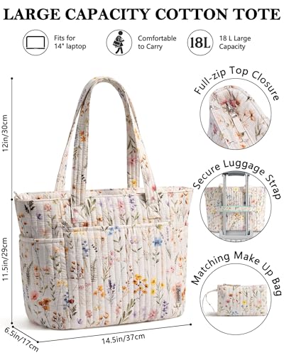 Bagstellar Quilted Tote Bag for Women Teacher Nurse Cotton Laptop Work Tote | Top Zip Closure Puffer Nursing School Travel Tote Bags with 40oz Cup Holder, Lightweight 14” Computer Shoulder Handbag Purses - color: Wild Flower