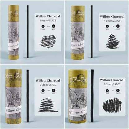 100PCS/PACK Willow Charcoal Sticks - Natural Willow Charcoal for Artists, Beginners, or Students of All Skill Levels - Perfect for Drawing and Sketching - style: 2-4mm, 4-5mm, 5-7mm, 7-9mm