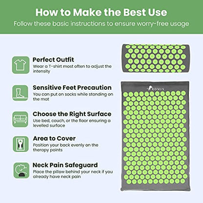 ROMIX Acupressure Mat and Pillow Set, Acupuncture Mat for Back Pain, Neck, Shoulder Pain Relief, Stress Reduction, Wellness Therapy, Cushioned Acupressure Mats with Carry Bag for Men and Women - color: Green