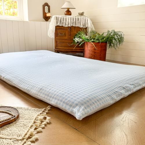 Light Blue Gingham Japanese Floor Mattress Futon Cover, Twin - color: Light Blue Gingham, size: Twin
