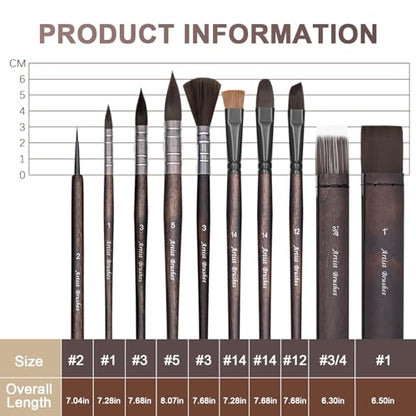 10 Pieces Paint Brush Set, Artist Series, Nylon Bristles with Round, Flat, Fan, Angle, Detail Brush, Suitable for Artists and Beginners for Acrylic Painting, Oil, Watercolor, Gouache(Black) - color: Black