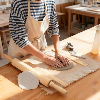 12 Pcs Pottery Tools Kit with Wooden Rolling Pin, 5-Size Rolling Mud Sticks, Linen Tablecloth for Ceramic Clay Art DIY Craft Supplies Sculpting and Teaching