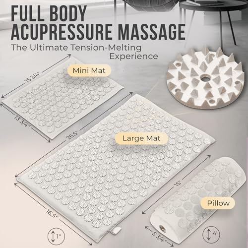 Acupressure Mat and Pillow Set with Mini Pad – Full Body Pain Relief | Mini pad targets hard-to-reach areas like feet, hands and neck for precise pressure relief - color: Natural Cotton
