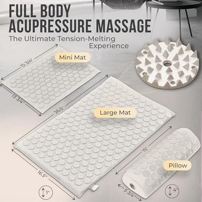 Acupressure Mat and Pillow Set with Mini Pad – Full Body Pain Relief | Mini pad targets hard-to-reach areas like feet, hands and neck for precise pressure relief - color: Natural Cotton
