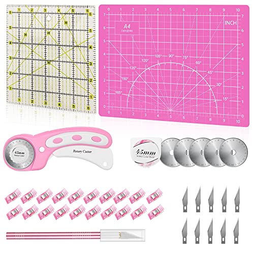 39 Pcs Rotary Cutter Set Pink - Quilting Kit incl. 45mm Fabric Cutter with 5 Extra Blades, A4 Cutting Mat, Craft Knife Set, Quilting Ruler and Sewing Clips, Ideal for Crafting, Sewing, Patchworking - color: Pink, size: A4 Rotary Cutter Set