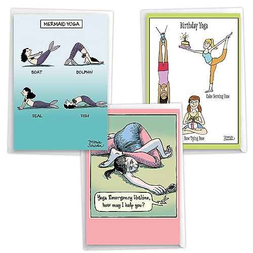 NobleWorks Yoga Birthday Cards for Women Assortment Pack of 3 Hysterical Birthday Greeting Cards with Envelopes for Men and Women (3 Designs, 1 Each) Yoga Poses VC10019BDG-C1x3 - style: Yoga Poses