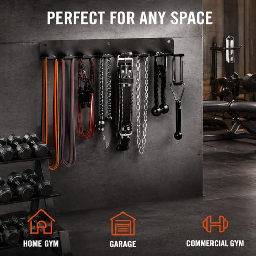 Gym Equipment Storage Rack - Multi-Purpose Home Gym Organization Storage Wall Mount for Resistance Bands, Jump Ropes, Lifting Belt, Chains, Barbells (16" / 8 Prongs)