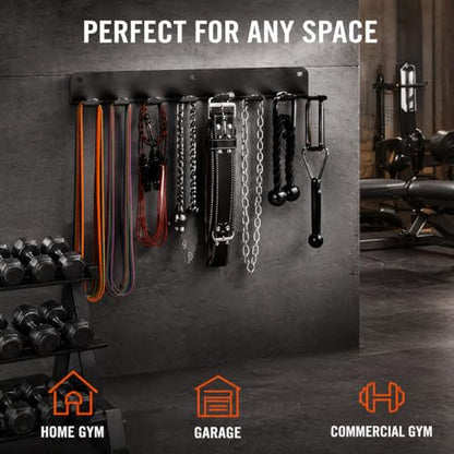 Gym Equipment Storage Rack - Multi-Purpose Home Gym Organization Storage Wall Mount for Resistance Bands, Jump Ropes, Lifting Belt, Chains, Barbells (16" / 8 Prongs)