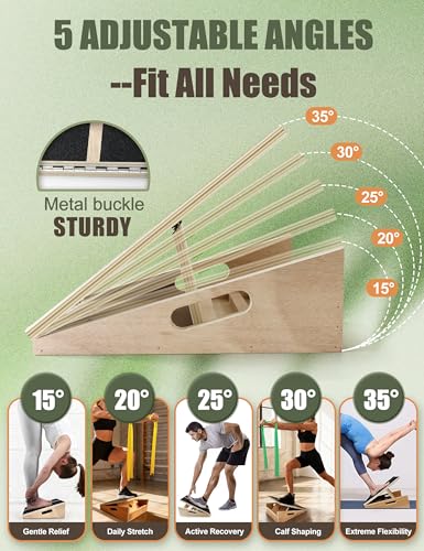 Professional Slant Board for Calf Stretching with 5 Resistance Bands Adjustable Portable Incline Board Wooden Calf Stretcher for Physical Therapy Squats Leg Knees Heel Ankle