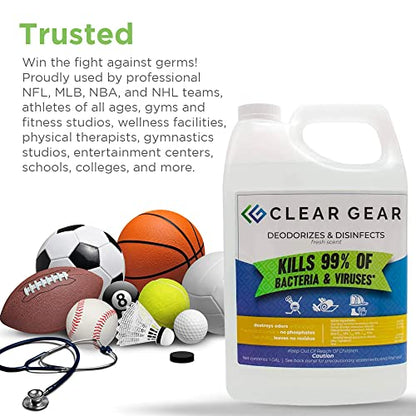 Clear Gear Disinfectant & Deodorizer for Sports Equipment 4, 1 Gal. Bottles | Deodorizer for Sports Equipment, Gyms, and Fitness Centers, EPA-Registered, Hospital Grade Disinfectant 4 gallons Made in USA - size: 128 Fl Oz (Pack of 4)