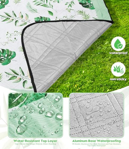 DEWUR Picnic Blankets 79"x79" Extra Large Outdoor Blanket Beach Blanket Waterproof SandProof Picnic Mat Washable Foldable Portable for Grass Lawn Beach Camping (Green with Leaves) - color: Green With Leaves