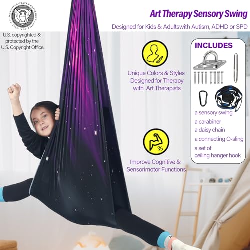 Sensory Swing for Kids Holds 300lbs Therapy Cuddle Hammock Chair | Soft breathable skin-friendly fabric, indoor & outdoor usable, calming sensory support for kids with Autism, ADHD and SPD - color: Space Purple