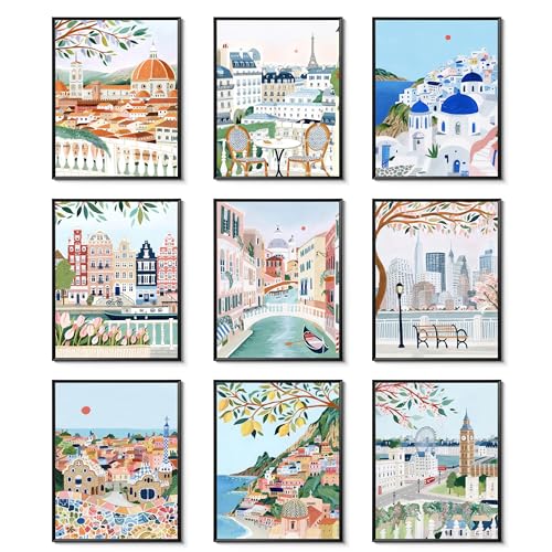 Vintage Travel Cities Posters Wall Art Set of 9, Trendy Modern Colorful Landscape Wall Decor, Europe Italy Cities Canvas Art Prints Painting for Living Room Bedroom Bathroom Home Decor 8x10 Unframed - color: Blue Landscape, size: 10"L x 8"W