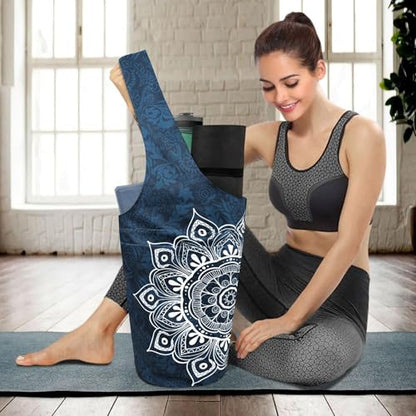 Yoga Mat Bag Carrier for Women with Side Large Pocket Durable Linen Workout Gym Travel Storage Pilates Mats - color: Mandala