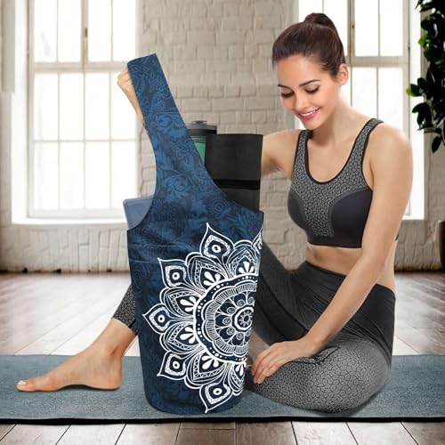 Yoga Mat Bag Carrier for Women with Side Large Pocket Durable Linen Workout Gym Travel Storage Pilates Mats - color: Mandala