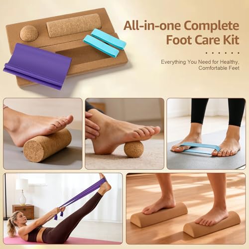 Natural Cork 5 in 1 Balance Board Kit, Foot & Ankle Strengthener with Massage Roller, Ball, Toe & Yoga Resistance Bands, Balance Trainer for Stability, Foot Strength, Pain Relief & Home Fitness