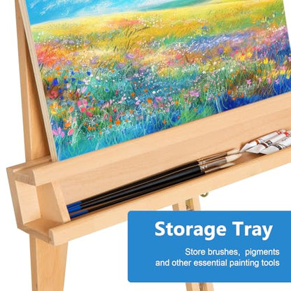 Large A-Frame Solid Beechwood Studio Easel for Painting | Adjustable Artist Easel with Storage Drawer, Display Easel Stand Holds Canvas Up to 48 Inches, Natural - style: Natural