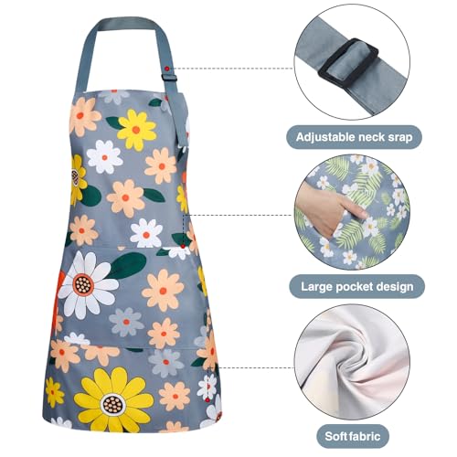 BOUMUSOE 3 Pack Floral Aprons with Pocket, Blooming Womens Aprons | Waterproof Adjustable Cooking Aprons for Kitchen Gardening and Salon - color: Orange, Green, Yellow