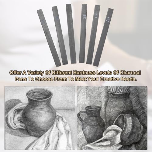 MECCANIXITY Compressed Charcoal Sticks, 2H Grade Square Vine Charcoal Sticks Set Art Supplies for Painting Drawing Sketching Shading Artists Beginners(Pack of 6) - style: 2H
