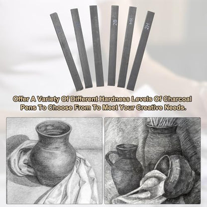 MECCANIXITY Compressed Charcoal Sticks, 2H Grade Square Vine Charcoal Sticks Set Art Supplies for Painting Drawing Sketching Shading Artists Beginners(Pack of 6) - style: 2H