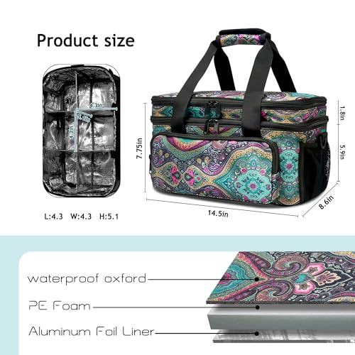 Acrylic Paint Organizer Bag, Holds 54 (2 oz) Bottles | Art Supply Storage Case with Handle and Shoulder Strap, Durable Fabric, Brush Pocket, Palette Board, Teal Paisley