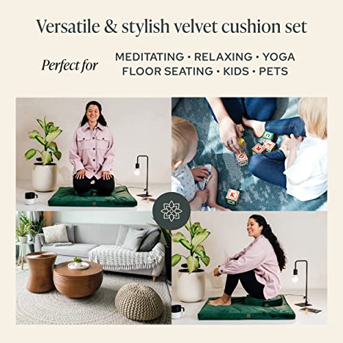 Mindful & Modern Meditation Cushion and Zabuton Meditation Mat Bundle - Premium Luxury Velvet Meditation Cushion Set for Yoga - Buckwheat Zafu Floor Pillow and Rectangular Mat - Emerald Green Color