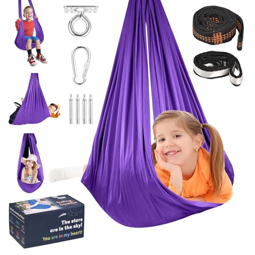 Sensory Joy Swing for Kids, Elastic and Soft Fabric Therapy Swing for Autism, ADHD, Asperger – Indoor Outdoor Sensory Swing for Children, Cozy Cuddle Hammock Chair Autism Swings Indoor（Purple） - color: Purple