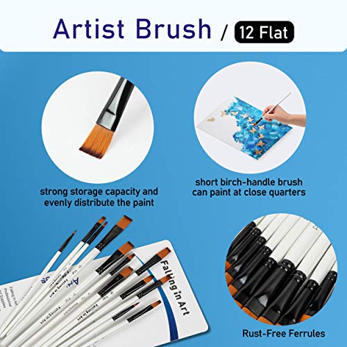 Falling in Art 12 PCS Professional Flat Paint Brushes Set | Artist Brushes for Watercolor, Oil Painting, Acrylic, Face Body Nail Art, Crafts, Rock Painting - size: 12 Pcs Flat Nylon