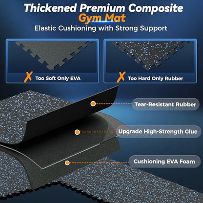 SUPERJARE 1" Extra-Thick Rubber Top Exercise Mat, Gym Flooring for Home Gym | Puzzle Gym Mat for Workout Equipment, Interlocking Floor Tiles with EVA Foam, 12 Pcs 48 Sq Ft, Black/Blue - size: 12 Tiles (48 Sq Ft)