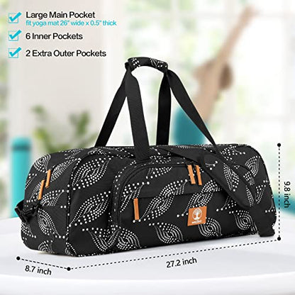 Yoga Mat Bag Carrier with 8-Pocket & Wet Pocket, Air Vent | Large Yoga Mat Holder Fits Thick Mats & Blocks | Gym Duffle Bag for Women & Men - color: White Leave on Black