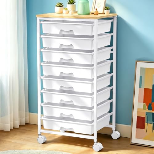 SUNALLY Rolling Cart With 8 Drawers,Storage Drawer Cart for Craft Art,White | Storage Utility Cart with Wooden Tabletop & 2 Lockable Wheels, Teacher Storage Cart for Classroom School Storage, Makeup,Nail - color: White