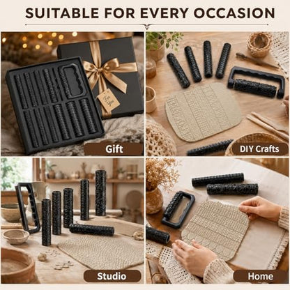 Conderyang 13Pcs 3D Printed Clay Texture Roller Set 12-Pattern Clay Roller with Handle Handheld Pottery Rollers Texture Wheel Polymer Tools for Artists Pottery Creation Ceramic Modeling DIY (Black)