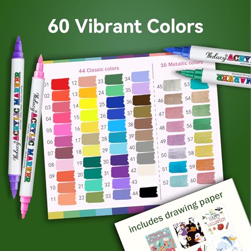 60 Colors Dual Tip Acrylic Paint Markers Set - Brush & Fine | For Rocks, Wood, Canvas, Paper, Fabric, Glass, Contain 16 Metallic Paint Pens, Perfect for DIY Crafts and School Supplies