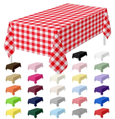 HEIPINIUYE 2 Pack Red Gingham Tablecloth Disposable 54 x 108 Inch Red and White Plaid Plastic Table Cloth Disposable Rectangle Table Cover for Party Birthday Picnic Checkered Tablecloths - color: Red Gingham Tablecloth, size: 2 Pack