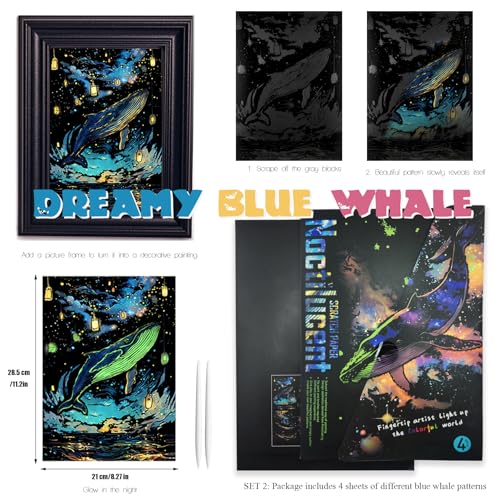 Scratch Paper Art for Adults Crafts, Glow in the Dark, A4/8 Sheets | Luminous Rainbow Scratchboard Art Kit, Calming Craft Activity for Adults Teens, Anxiety Relief Hobby, Creative Gift - style: Butterflies and Blue Whales